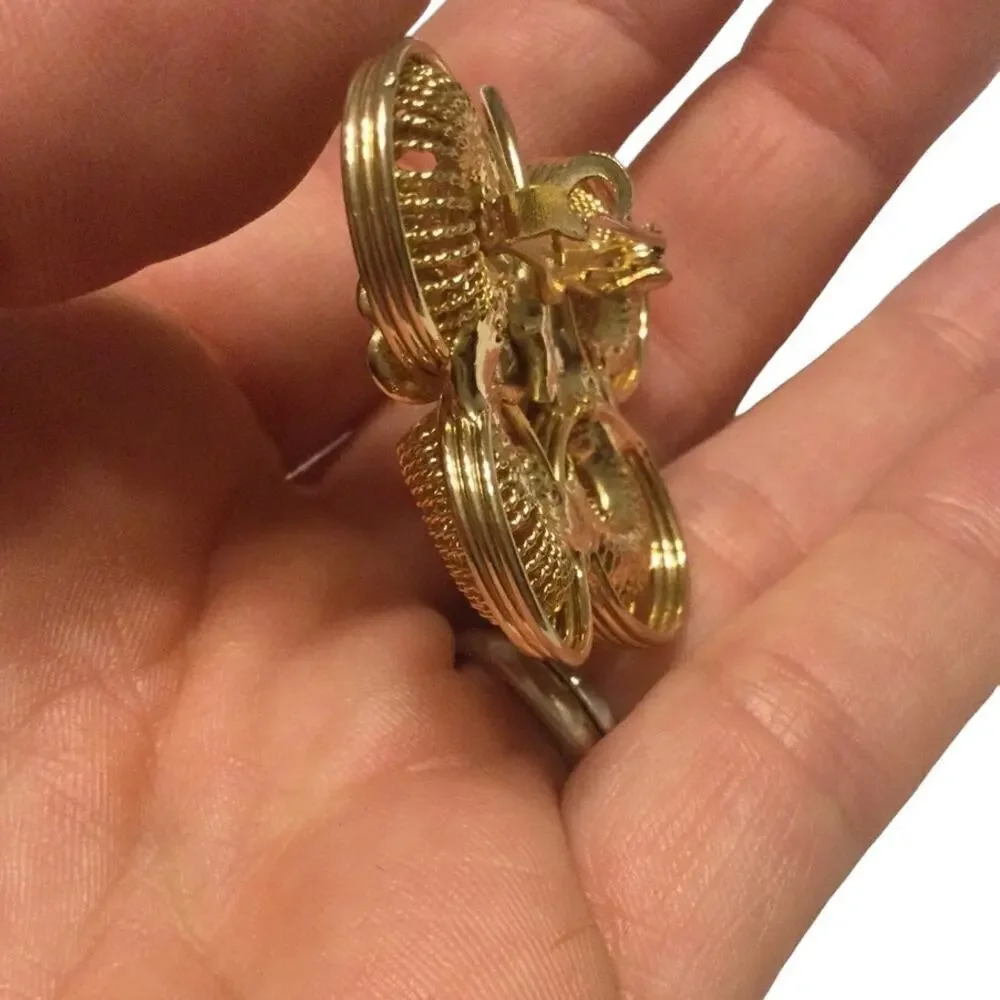 Vtg Butterfly‎ brooch wire pin gold gem rhinestone MCM fashion jewelry granola